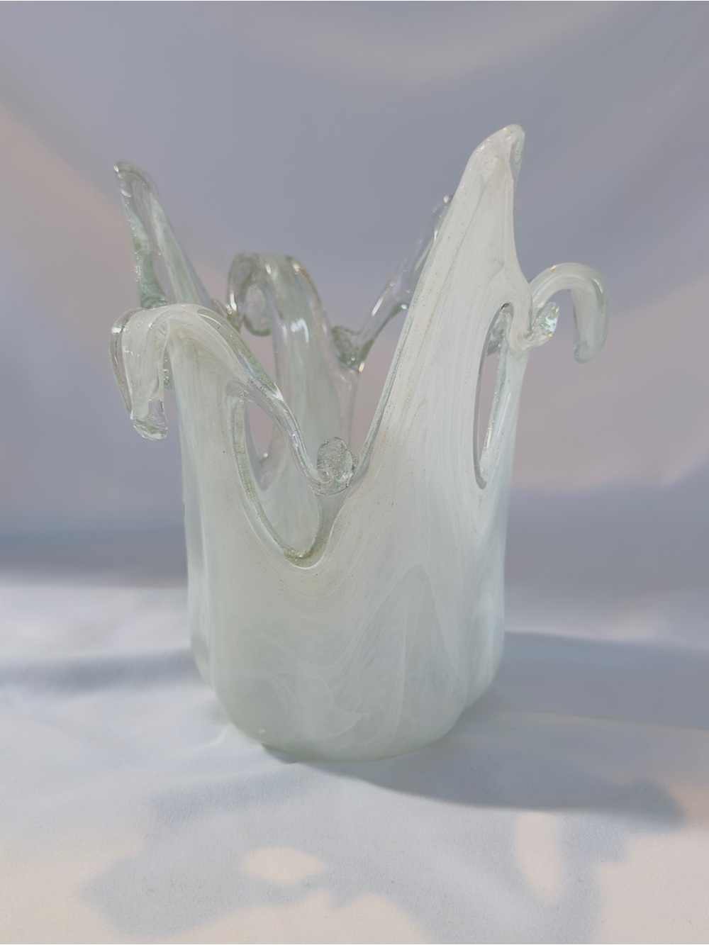 Stretched Glass Vase Art Glass Hand Made White with Gold Glitter Speckles In the